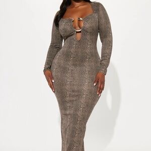 Fashion Nova Taupe Snake-Print Long Sleeve Bodycon Dress